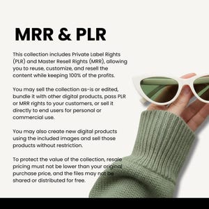 May include: The image displays the text "MRR & PLR" in bold black font. The text describes Private Label Rights (PLR) and Master Resell Rights (MRR) for digital content. A pair of white sunglasses with green lenses is held by a person wearing a green sweater.