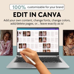 May include: A laptop computer with a white stylus on the screen. The screen displays a digital magazine with a grid of images and text. The text on the screen reads "100% customizable for your brand EDIT IN CANVA Add your own content, change fonts, change colors, add/delete pages, or... leave exactly as is!"