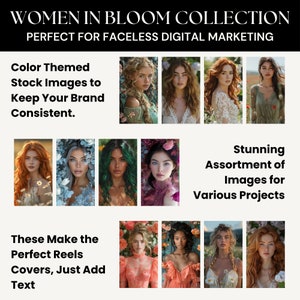 Puede incluir: Una colecci&oacute;n de fotos de archivo con mujeres con flores en el pelo. Las im&aacute;genes tienen un tema de color y son perfectas para usar en marketing digital.