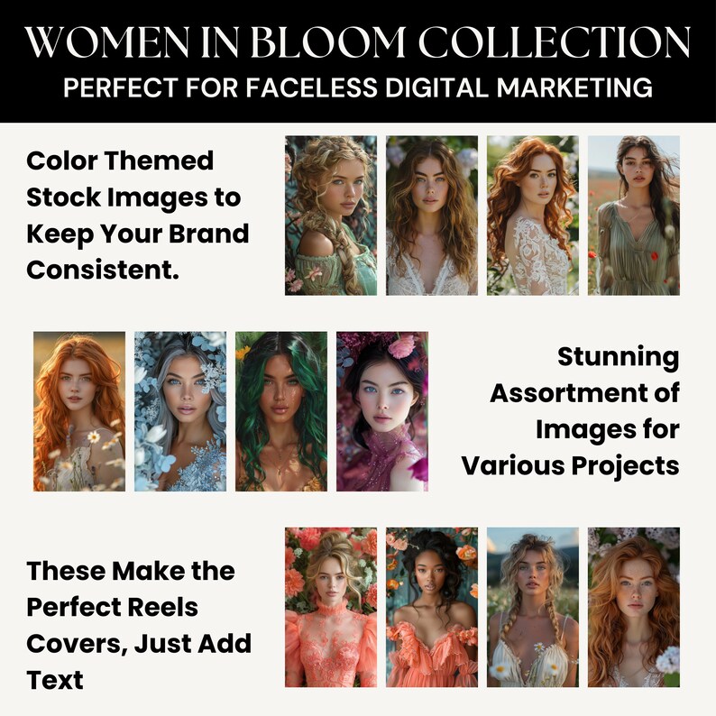 Puede incluir: Una colecci&oacute;n de fotos de archivo con mujeres con flores en el pelo. Las im&aacute;genes tienen un tema de color y son perfectas para usar en marketing digital.