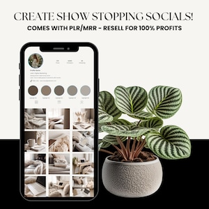 Może przedstawiać: Mockup smartfona pokazujący profil w mediach społecznościowych z siatką 12 zdjęć w neutralnej palecie kolor&oacute;w. Nazwa profilu to "Julie | Marketing cyfrowy", a tekst bio to "Dowiedz się, jak generować doch&oacute;d pasywny i zarabiać ponad 1000 &euro; miesięcznie. Kliknij w link: www.examplewebsite.com". Tekst "STW&Oacute;RZ ZACHWYCAJĄCE MEDIA SPOŁECZNOŚCIOWE! W ZESTAWIE PLR/MRR - SPRZEDAJ Z 100% ZYSKIEM" jest wyświetlany nad telefonem.