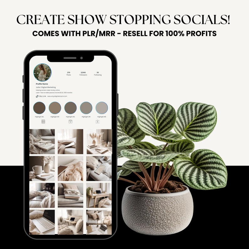 Może przedstawiać: Mockup smartfona pokazujący profil w mediach społecznościowych z siatką 12 zdjęć w neutralnej palecie kolor&oacute;w. Nazwa profilu to "Julie | Marketing cyfrowy", a tekst bio to "Dowiedz się, jak generować doch&oacute;d pasywny i zarabiać ponad 1000 &euro; miesięcznie. Kliknij w link: www.examplewebsite.com". Tekst "STW&Oacute;RZ ZACHWYCAJĄCE MEDIA SPOŁECZNOŚCIOWE! W ZESTAWIE PLR/MRR - SPRZEDAJ Z 100% ZYSKIEM" jest wyświetlany nad telefonem.