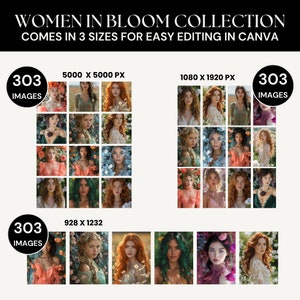 Puede incluir: Una colecci&oacute;n de 303 im&aacute;genes con mujeres en una variedad de poses y entornos, con acentos florales. Las im&aacute;genes est&aacute;n disponibles en tres tama&ntilde;os: 5000 x 5000 p&iacute;xeles, 1080 x 1920 p&iacute;xeles y 928 x 1232 p&iacute;xeles.