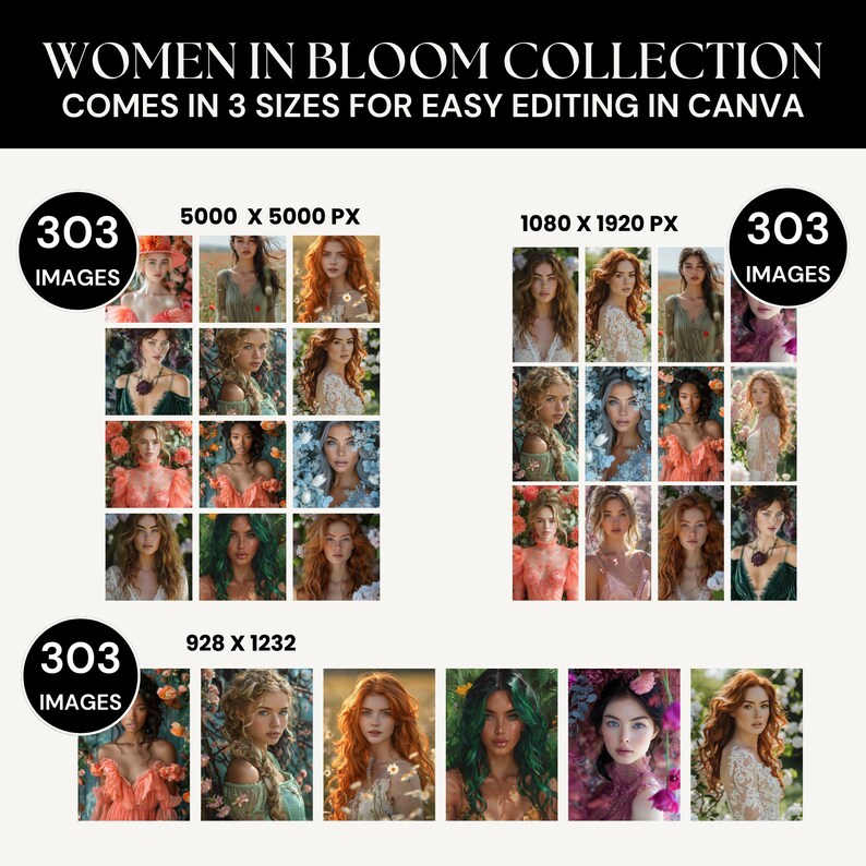 Puede incluir: Una colecci&oacute;n de 303 im&aacute;genes con mujeres en una variedad de poses y entornos, con acentos florales. Las im&aacute;genes est&aacute;n disponibles en tres tama&ntilde;os: 5000 x 5000 p&iacute;xeles, 1080 x 1920 p&iacute;xeles y 928 x 1232 p&iacute;xeles.