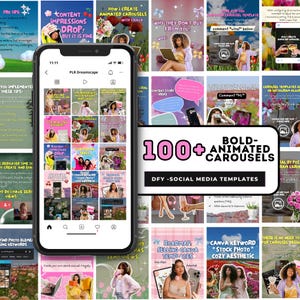 May include: A smartphone screen shows a social media feed with animated carousel templates. The image features text: "100+ Bold Animated Carousels" and "DFY - Social Media Templates."
