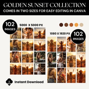 May include: A digital product listing for 102 golden sunset themed images. The images are available in two sizes: 5000 x 5000 pixels and 1080 x 1920 pixels. The images feature a woman in various poses against a sunset backdrop.