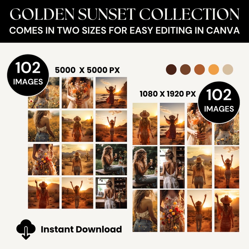 May include: A digital product listing for 102 golden sunset themed images. The images are available in two sizes: 5000 x 5000 pixels and 1080 x 1920 pixels. The images feature a woman in various poses against a sunset backdrop.