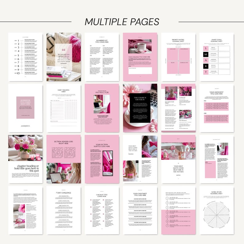 May include: A collection of pink and white printable planner pages. The pages feature text, charts, and graphics. The words "MULTIPLE PAGES" are at the top. Some pages have the text "chapter heading or bold title goes here in this spot".