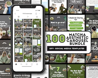 May include: A digital product bundle with 100 Matcha Aesthetic Carousel templates. The image features a smartphone displaying social media posts, surrounded by related graphics and text, including "DFY - Social Media Templates."
