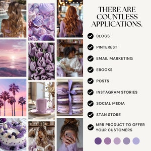 May include: A collage of images showcasing various ways to use a product or service. The images include a sunset over the ocean, a bouquet of purple tulips, a woman reading a book, a stack of purple macarons, a purple coffee cup, a purple cake with blackberries, a woman reading a book, a woman looking at her phone, and a row of purple circles. The text "THERE ARE COUNTLESS APPLICATIONS." is at the top of the image, followed by a list of applications, including "BLOGS", "PINTEREST", "EMAIL MARKETING", "EBOOKS", "POSTS", "INSTAGRAM STORIES", "SOCIAL MEDIA", "STAN STORE", and "MRR PRODUCT TO OFFER YOUR CUSTOMERS".