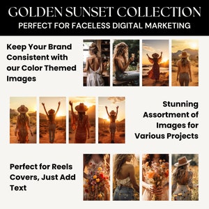 May include: A collection of images featuring women in various poses against a sunset backdrop. The images are perfect for use in digital marketing, social media, and other creative projects.