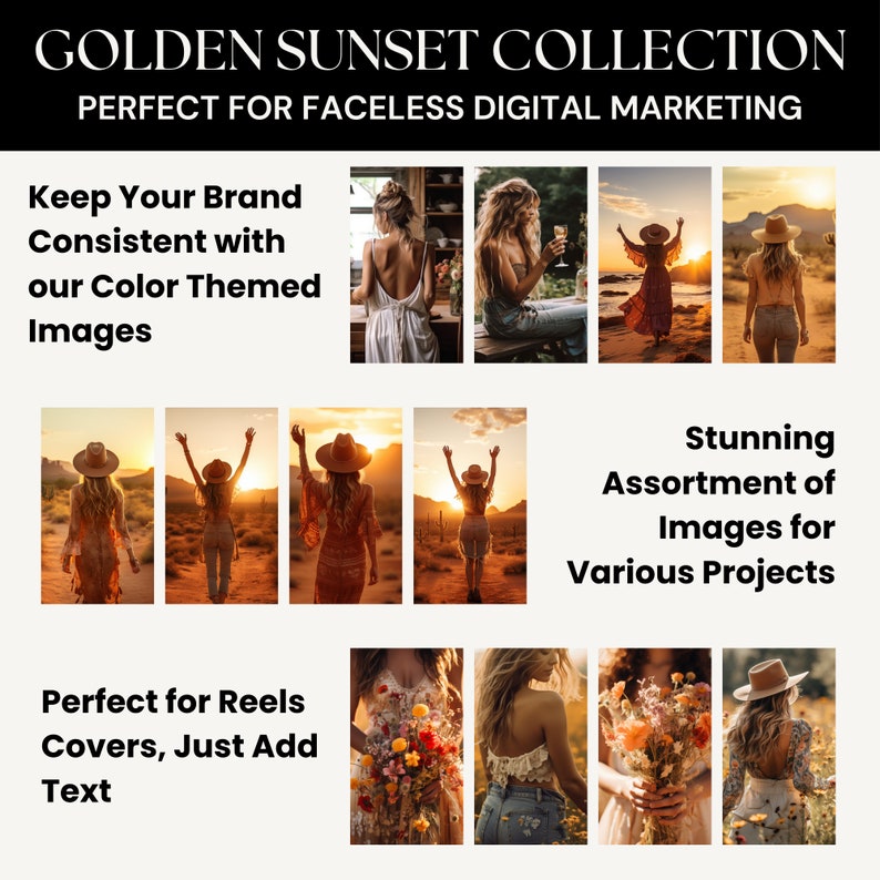 May include: A collection of images featuring women in various poses against a sunset backdrop. The images are perfect for use in digital marketing, social media, and other creative projects.