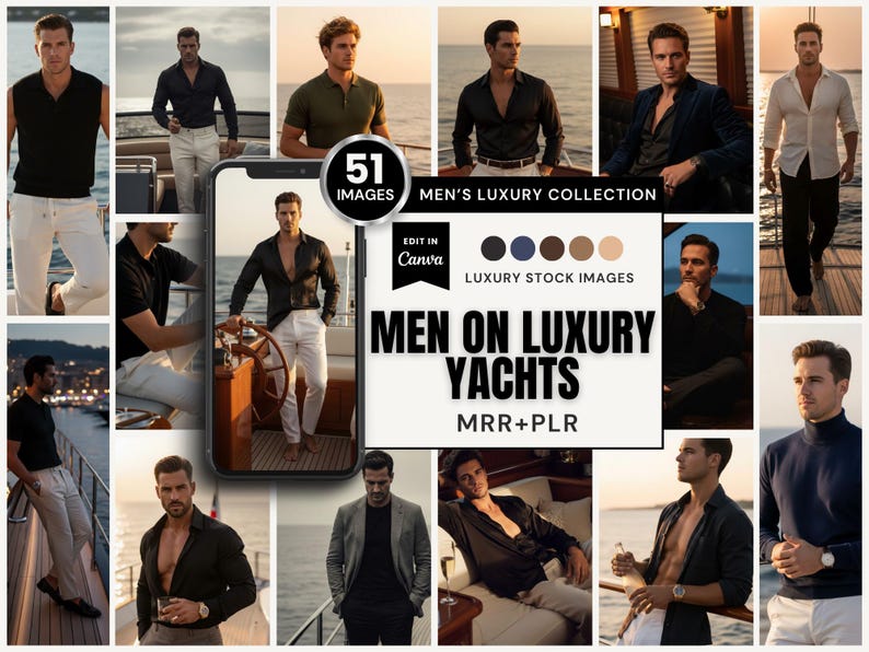 51 imágenes de estilo de vida en yates para hombres / Colección de lujo, listas para Canva (pines adicionales PLR MRR) imagen 1