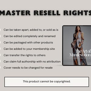 K&ouml;nnte beinhalten: Eine Checkliste mit Master-Wiederverkaufsrechten f&uuml;r ein digitales Produkt. Die Checkliste enth&auml;lt Folgendes: Kann auseinandergenommen, hinzugef&uuml;gt oder so verkauft werden, wie es ist. Kann vollst&auml;ndig bearbeitet und umbenannt werden. Kann mit anderen Produkten verpackt werden. Kann zu Ihrer Mitgliedschaftsseite hinzugef&uuml;gt werden. Kann die Rechte an andere &uuml;bertragen. Kann die volle Urheberschaft ohne Nennung beanspruchen. Das Cover muss f&uuml;r den Weiterverkauf ge&auml;ndert werden. Der Text "Dieses Produkt kann nicht urheberrechtlich gesch&uuml;tzt werden." befindet sich am unteren Rand der Checkliste.