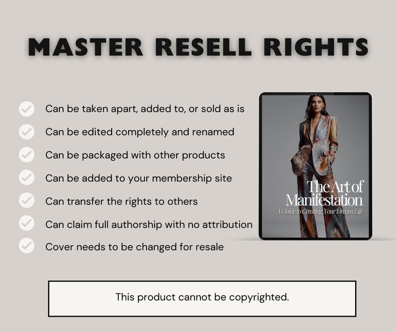 K&ouml;nnte beinhalten: Eine Checkliste mit Master-Wiederverkaufsrechten f&uuml;r ein digitales Produkt. Die Checkliste enth&auml;lt Folgendes: Kann auseinandergenommen, hinzugef&uuml;gt oder so verkauft werden, wie es ist. Kann vollst&auml;ndig bearbeitet und umbenannt werden. Kann mit anderen Produkten verpackt werden. Kann zu Ihrer Mitgliedschaftsseite hinzugef&uuml;gt werden. Kann die Rechte an andere &uuml;bertragen. Kann die volle Urheberschaft ohne Nennung beanspruchen. Das Cover muss f&uuml;r den Weiterverkauf ge&auml;ndert werden. Der Text "Dieses Produkt kann nicht urheberrechtlich gesch&uuml;tzt werden." befindet sich am unteren Rand der Checkliste.