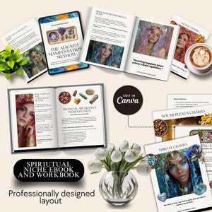 May include: An open book and several printouts with the text "The Aligned Manifestation Method" and "Spiritual Niche Ebook and Workbook". The image features a vase of white tulips, a cup of coffee, and illustrations of women with colorful hair.