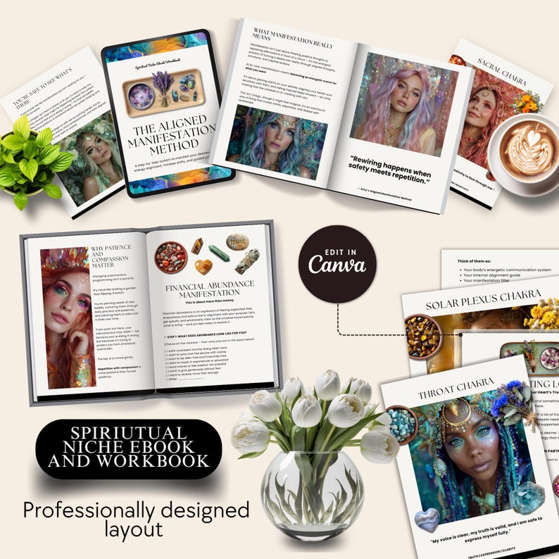 May include: An open book and several printouts with the text "The Aligned Manifestation Method" and "Spiritual Niche Ebook and Workbook". The image features a vase of white tulips, a cup of coffee, and illustrations of women with colorful hair.