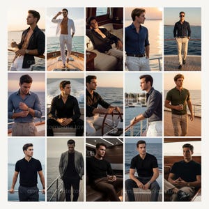 Puede incluir: Un collage de moda masculina con varios conjuntos. Las im&aacute;genes muestran una gama de camisas, incluyendo camisas abotonadas y polos, combinadas con pantalones. Los colores incluyen negro, azul marino, gris y verde oliva. Los escenarios sugieren un estilo de vida n&aacute;utico o de lujo.