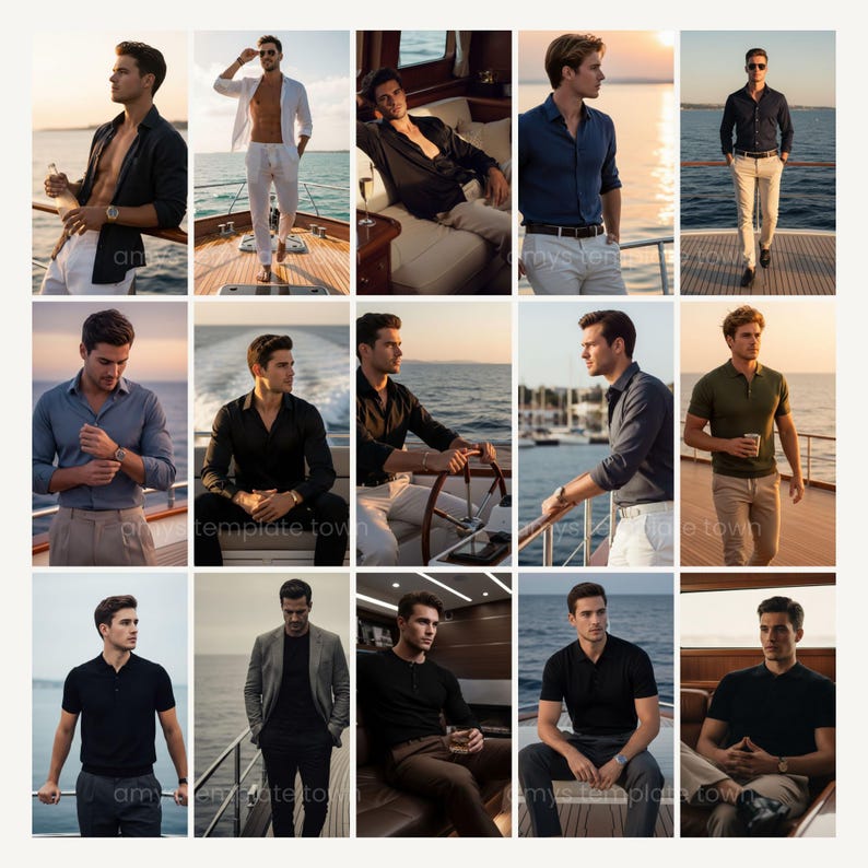 Puede incluir: Un collage de moda masculina con varios conjuntos. Las im&aacute;genes muestran una gama de camisas, incluyendo camisas abotonadas y polos, combinadas con pantalones. Los colores incluyen negro, azul marino, gris y verde oliva. Los escenarios sugieren un estilo de vida n&aacute;utico o de lujo.