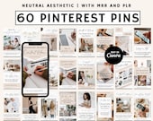 60 Pinterest Pins with MRR & PLR | Done for you Pins in a Neutral Aesthetic | Edit in Canva |PLR Pinterest Canva Template | Beige Pinterest