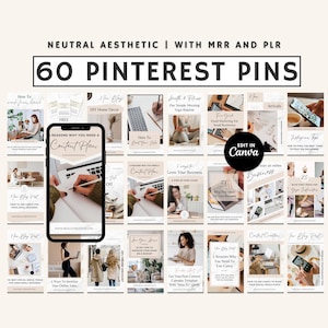 Può includere: Un collage di 60 pin di Pinterest con un'estetica neutra. I pin presentano una varietà di argomenti, tra cui l'arredamento fai-da-te per la casa, la salute e il fitness, il marketing via email e gli affari. I pin sono progettati in uno stile minimalista con uno schema di colori beige e bianco. Il testo "EDIT IN Canva" è presente in un cerchio sul collage.