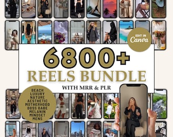 May include: A collage of 6800+ Instagram Reels for social media marketing. The collage features images of people, nature, and text overlays. The text "6800+ Reels Bundle" is in gold letters on a black background. The text "With MRR & PLR" is in white letters on a black background. The text "LET'S TALK" is in white letters on a pink background. The text "EDIT IN Canva" is in white letters on a blue background.