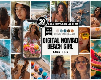 50 Digital Nomad Beach Girl Stock Images | Opens in Canva (MRR+PLR) | Instant Download