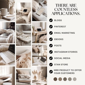 Może przedstawiać: Kolaż obraz&oacute;w pokazujący r&oacute;żne sposoby wykorzystania produkt&oacute;w cyfrowych, w tym blogi, Pinterest, marketing e-mailowy, e-booki, media społecznościowe i historie na Instagramie. Tekst "THERE ARE COUNTLESS APPLICATIONS." znajduje się w g&oacute;rnej części obrazu.