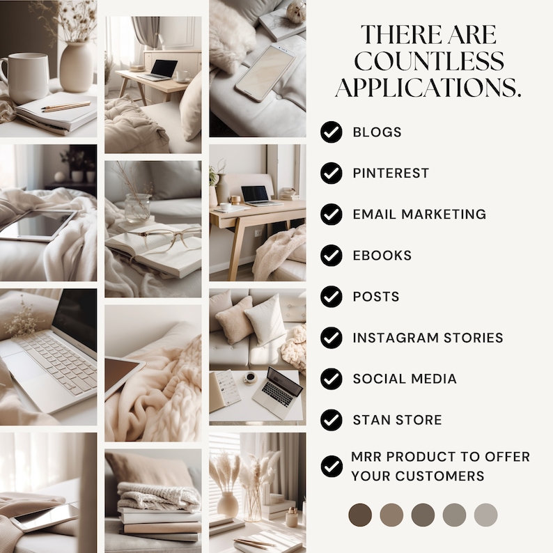 Może przedstawiać: Kolaż obraz&oacute;w pokazujący r&oacute;żne sposoby wykorzystania produkt&oacute;w cyfrowych, w tym blogi, Pinterest, marketing e-mailowy, e-booki, media społecznościowe i historie na Instagramie. Tekst "THERE ARE COUNTLESS APPLICATIONS." znajduje się w g&oacute;rnej części obrazu.