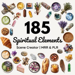 May include: An overhead shot of various spiritual elements, including crystals, candles, herbs, and food items. The number "185" is prominently displayed, with the text "Spiritual Elements Scene Creator | MRR & PLR" below.