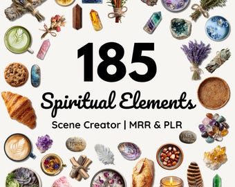Boho Scene Creator PNG Bundle: Crystals, Coffee, & Canva Graphics (PLR MRR Digital Stickers)