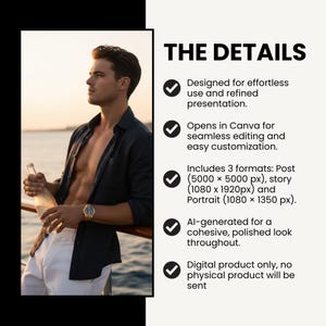 Puede incluir: Anuncio de producto digital. Un hombre en un barco sostiene una botella. El texto dice "THE DETAILS", detallando la edici&oacute;n de Canva, varios formatos y el dise&ntilde;o generado por IA. Solo producto digital.
