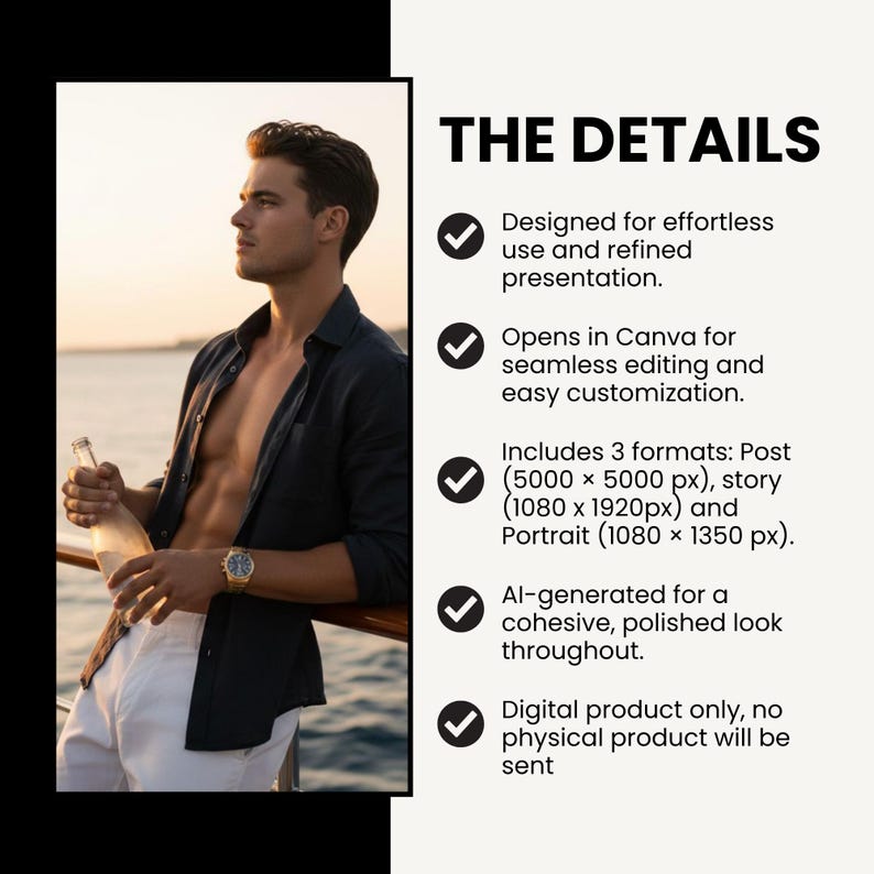 Puede incluir: Anuncio de producto digital. Un hombre en un barco sostiene una botella. El texto dice "THE DETAILS", detallando la edici&oacute;n de Canva, varios formatos y el dise&ntilde;o generado por IA. Solo producto digital.