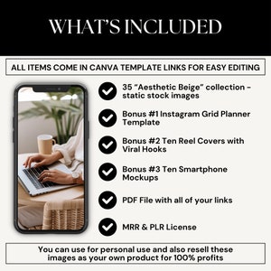 Może przedstawiać: Cyfrowa makieta ekranu telefonu, na kt&oacute;rej widać osobę piszącą na laptopie. Obrazek jest uzupełniony listą element&oacute;w wchodzących w skład produktu cyfrowego, w tym 35 estetycznych beżowych zdjęć stockowych, szablonu planera siatki na Instagramie, dziesięciu okładek rolek z wirusowymi haczykami, dziesięciu makiet smartfon&oacute;w, pliku PDF z linkami oraz licencji MRR i PLR. Tekst "Możesz używać do cel&oacute;w osobistych, a także odsprzedawać te obrazy jako sw&oacute;j własny produkt, aby uzyskać 100% zysku" jest r&oacute;wnież dołączony.