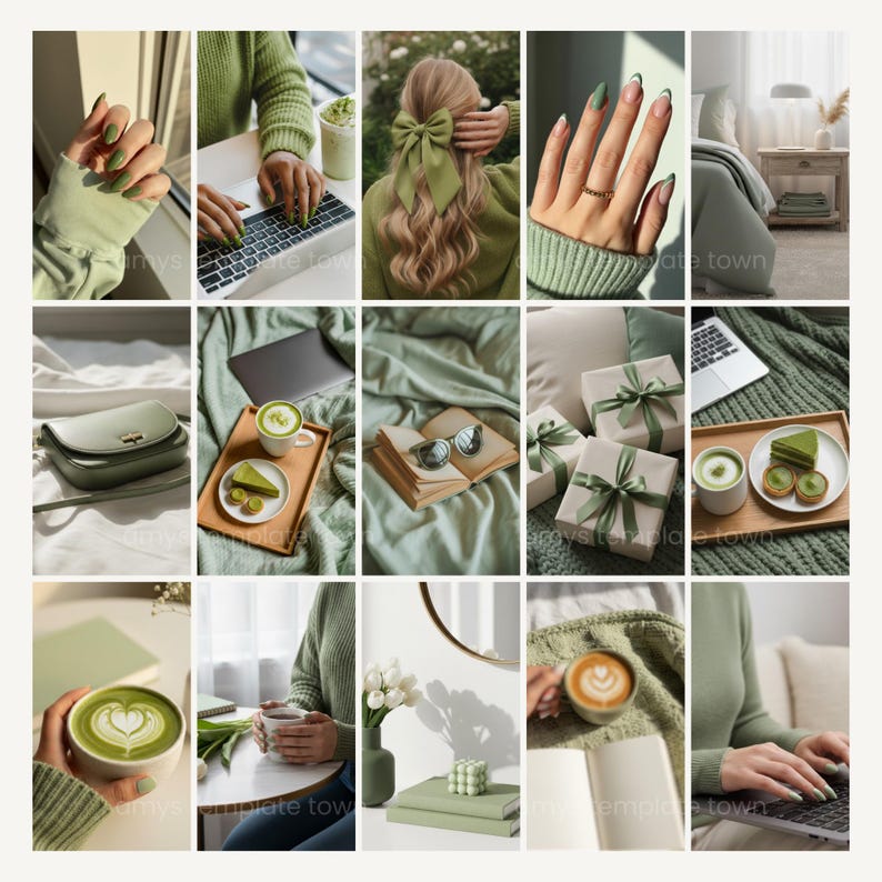 May include: A collage of images featuring a monochromatic green theme. The images include a purse, gifts with green ribbons, matcha tea, a laptop, a bow, nails, a bed, books, and a coffee cup. The overall aesthetic is modern and stylish.