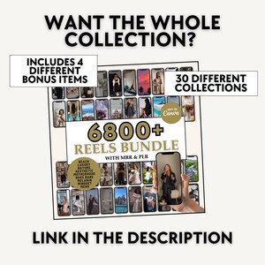 May include: A collage of 6,800+ Instagram Reels for social media marketing. The image includes a variety of themes, including beach, luxury, nature, aesthetic, motherhood, boss babe, melanin, mindset, and men's. The text "6800+ Reels Bundle" is displayed in gold lettering. The text "With MRR & PLR" is displayed in black lettering. The text "Link in the description" is displayed in black lettering.