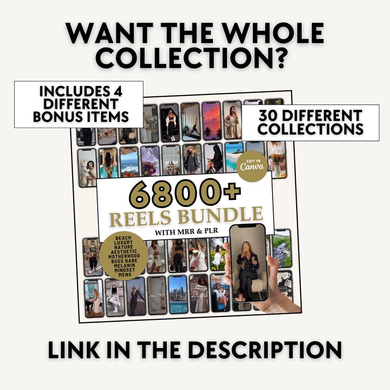 May include: A collage of 6,800+ Instagram Reels for social media marketing. The image includes a variety of themes, including beach, luxury, nature, aesthetic, motherhood, boss babe, melanin, mindset, and men's. The text "6800+ Reels Bundle" is displayed in gold lettering. The text "With MRR & PLR" is displayed in black lettering. The text "Link in the description" is displayed in black lettering.