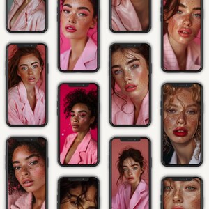 May include: A collage of nine images featuring different women with freckles, each wearing a pink jacket and posing against a pink background. The images are arranged in a grid pattern.