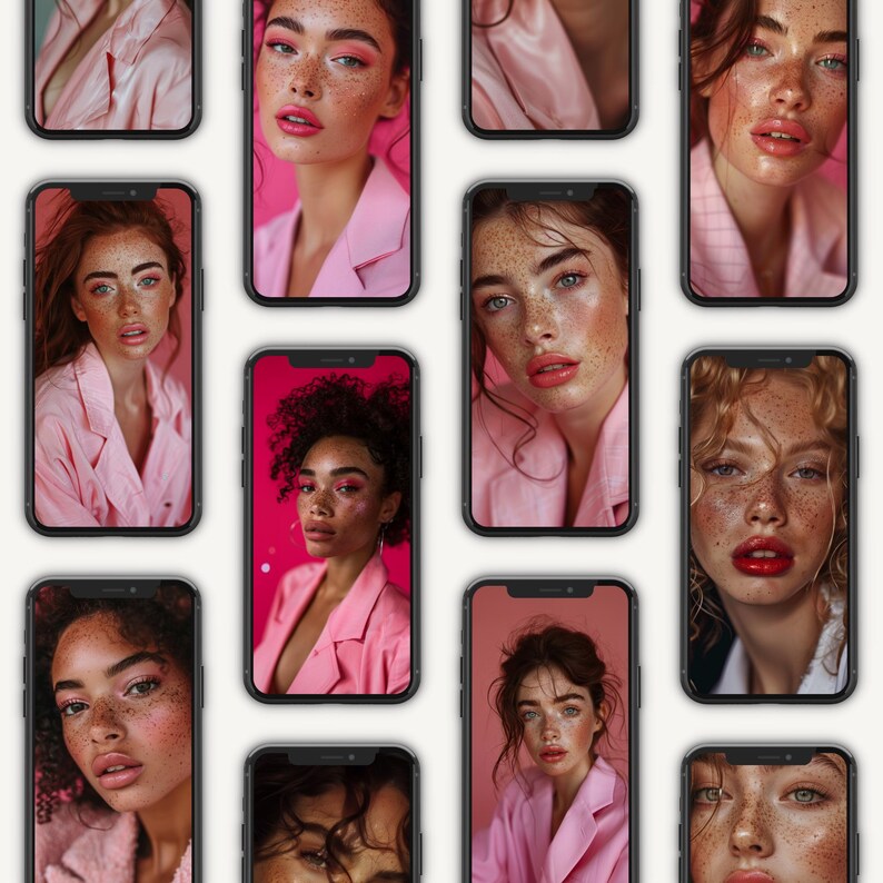May include: A collage of nine images featuring different women with freckles, each wearing a pink jacket and posing against a pink background. The images are arranged in a grid pattern.