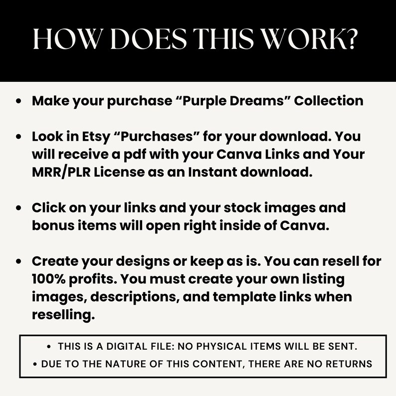May include: A black and white text graphic with the title "HOW DOES THIS WORK?" and a list of instructions on how to purchase and use a digital product. The instructions include making a purchase, downloading a PDF file with Canva links and a license, clicking on the links to access stock images and bonus items, and creating designs or reselling the product.