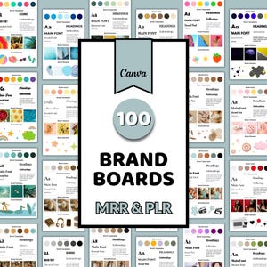 Könnte beinhalten: Eine Sammlung von 100 Marken-Board-Vorlagen mit dem Text "Canva" und "BRAND BOARDS MRR & PLR". Die Vorlagen zeigen Farbpaletten, Typografie und Markenelemente. Das Design ist sauber und modern, mit Fokus auf visuelles Branding.