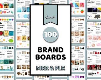 May include: A collection of 100 brand board templates with the text "Canva" and "BRAND BOARDS MRR & PLR". The templates feature color palettes, typography, and brand elements. The design is clean and modern, with a focus on visual branding.