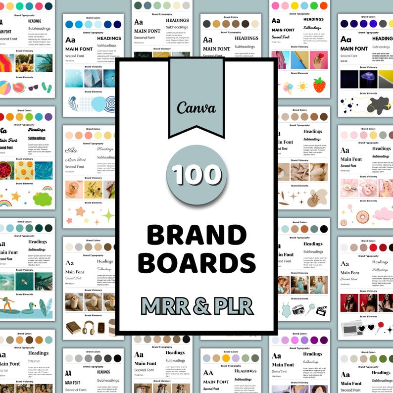 K&ouml;nnte beinhalten: Eine Sammlung von 100 Marken-Board-Vorlagen mit dem Text "Canva" und "BRAND BOARDS MRR & PLR". Die Vorlagen zeigen Farbpaletten, Typografie und Markenelemente. Das Design ist sauber und modern, mit Fokus auf visuelles Branding.