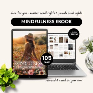 May include: A digital mockup of a 105-page ebook and workbook titled "Mindfulness Ebook & Workbook". The cover features a woman in a floral dress and a straw hat standing in a field of flowers. The text "Edit in Canva" is visible in the top right corner of the image.