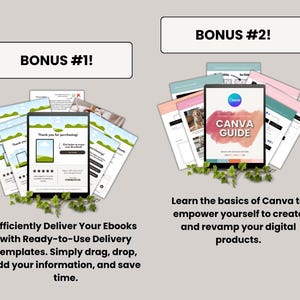 K&ouml;nnte beinhalten: Zwei Bonusartikel werden gezeigt. Der erste Bonus ist ein Satz digitaler Vorlagen f&uuml;r die Zustellung von E-Books. Der zweite Bonus ist ein Leitfaden zur Verwendung von Canva, einer Grafikdesign-Plattform. Der Text "CANVA GUIDE" steht auf dem Cover des Leitfadens.