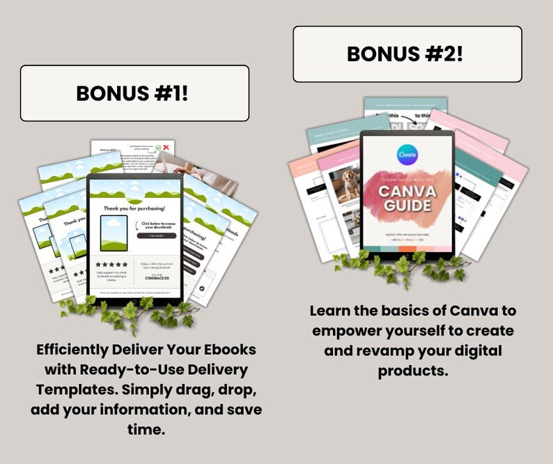 K&ouml;nnte beinhalten: Zwei Bonusartikel werden gezeigt. Der erste Bonus ist ein Satz digitaler Vorlagen f&uuml;r die Zustellung von E-Books. Der zweite Bonus ist ein Leitfaden zur Verwendung von Canva, einer Grafikdesign-Plattform. Der Text "CANVA GUIDE" steht auf dem Cover des Leitfadens.