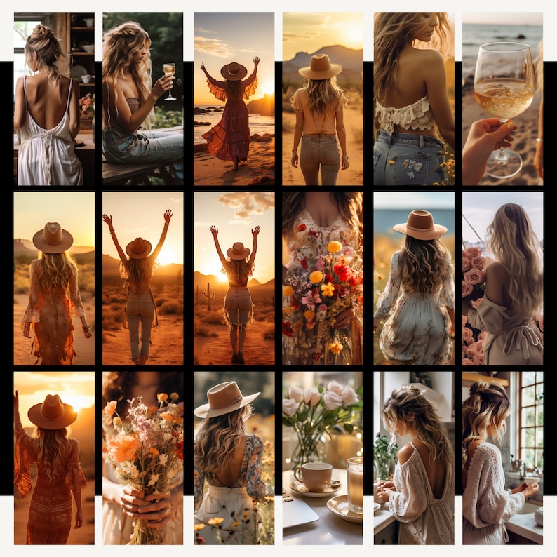 May include: A collage of images featuring women wearing various hats, clothing, and accessories. The images are set in different locations, including a beach, a forest, and a city. The collage is a mix of casual and formal styles, with a focus on fashion and beauty.