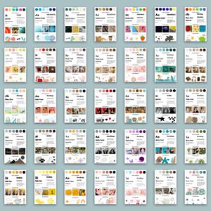 K&ouml;nnte beinhalten: Eine Sammlung von 36 Designvorlagen, jede mit einer einzigartigen Farbpalette und einem Layout. Die Vorlagen enthalten Abschnitte f&uuml;r &Uuml;berschriften, Hauptschriftart und Markenelemente, mit Beispielbildern und Text.