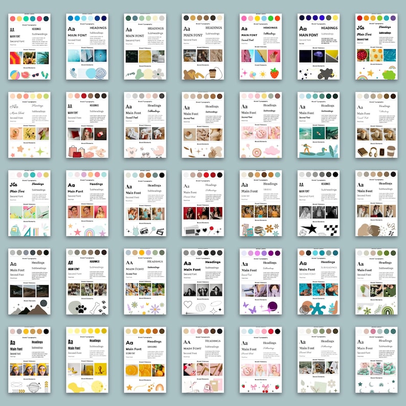 K&ouml;nnte beinhalten: Eine Sammlung von 36 Designvorlagen, jede mit einer einzigartigen Farbpalette und einem Layout. Die Vorlagen enthalten Abschnitte f&uuml;r &Uuml;berschriften, Hauptschriftart und Markenelemente, mit Beispielbildern und Text.