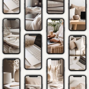 Może przedstawiać: Kolaż dziewięciu obraz&oacute;w prezentujących r&oacute;żne aranżacje domowego biura, z laptopami, książkami, roślinami i przytulnym wystrojem. Obrazy są ułożone w siatkę, tworząc wizualnie atrakcyjny i inspirujący efekt.